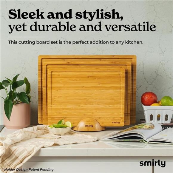 Wood Cutting Boards For Kitchen - Bamboo Cutting Board Set with Holder - Picture 6 of 7